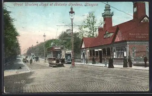 AK Glasgow, Great Western Road at Botanic Gardens, Strassenbahn