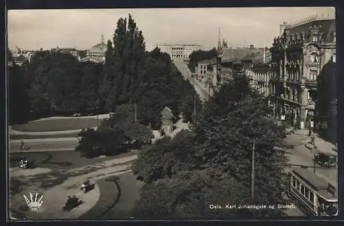 AK Oslo, Karl Johansgate og Slottet, Strassenbahn