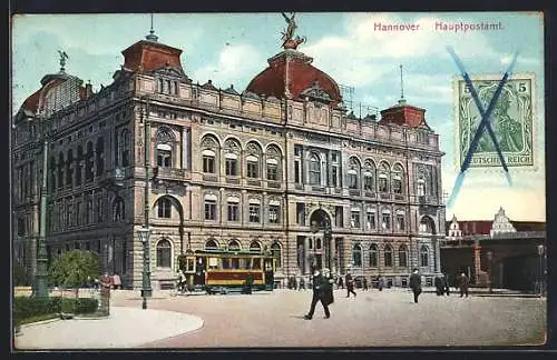 AK Hannover, Hauptpostamt mit Strassenbahn am Bahnhof
