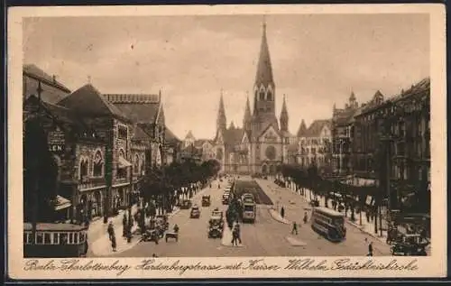 AK Berlin-Charlottenburg, Hardenbergstrasse mit Kaiser Wilhelm Gedächtniskirche und Strassenbahnen