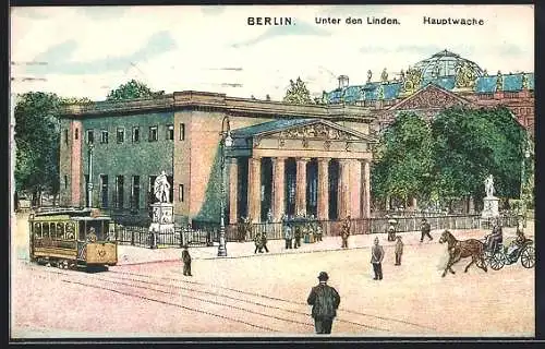 Lithographie Berlin, Strassenbahn an der Hauptwache Unter den Linden