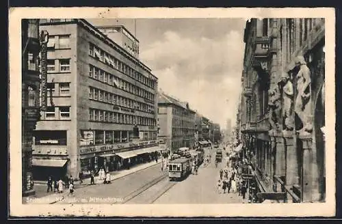 AK Stuttgart, Königstrasse mit Mittnachbau, Strassenbahn, Geschäfte