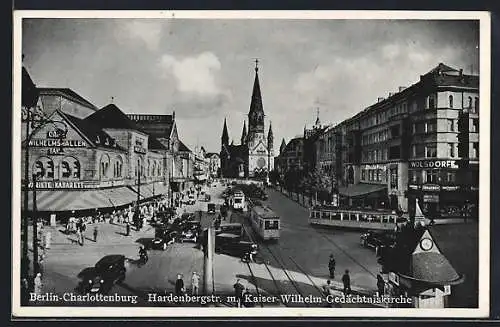 AK Berlin-Charlottenburg, Hardenbergstrasse mit Kaiser-Wilhelm-Gedächtniskirche und Strassenbahnen