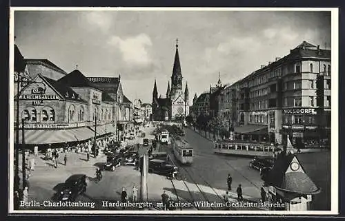AK Berlin-Charlottenburg, Hardenbergstrasse mit Kaiser-Wilhelm-Gedächtniskirche und Strassenbahnen