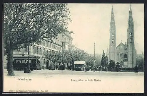 AK Wiesbaden, Louisenplatz mit Katholischer Kirche und Strassenbahn
