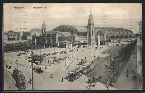 AK Hamburg-St.Georg, Partie am Hauptbahnhof, Strassenbahn, Pferdekutschen, Obelisk