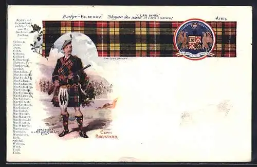 AK Schotte im Kilt, Clan Buchanan, Badge Bilberry, Wappen