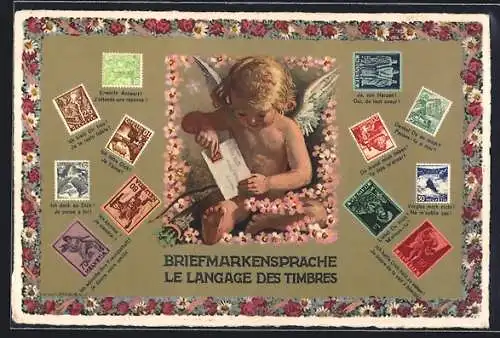 AK Engel hält einen Brief in den Händen, Briefmarkensprache
