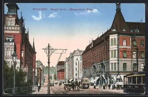 AK Budapest, Strassenpartie am Margarethenring, Strassenbahn