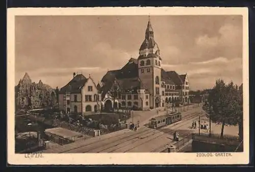 Künstler-AK Leipzig, Strassenbahn am zoologischen Garten