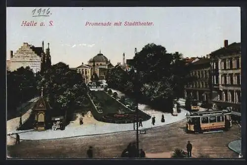 AK Halle an der Saale, Promenade mit Stadttheater und Strassenbahn