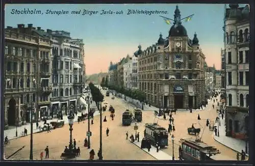 AK Stockholm, Stureplan med Birger Jarls-och Biblioteksgatorna, Strassenbahnen unterwegs