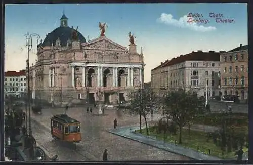 AK Lemberg, Ansicht von Theater, Strassenbahn