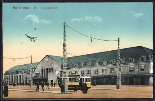 AK Karlsruhe i. B., Strassenbahn am Hauptbahnhof
