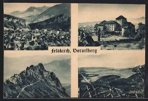 AK Feldkirch, Schattenburg, Drei Schwestern, Vord. Älpele mit Blick geg. Rheintal und Bodensee
