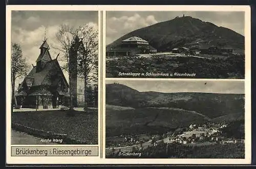AK Brückenberg, Kirche Wang, Brückenberg und Schneekoppe mit Schlesierhaus