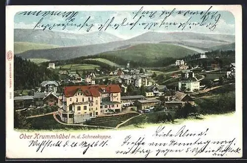 AK Oberkrummhübel, Ortsansicht mit der Schneekoppe