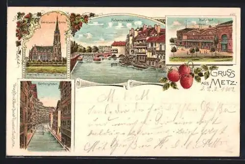 Lithographie Metz, Garnisons-Kirche, Felsenstrasse, Bahnhof