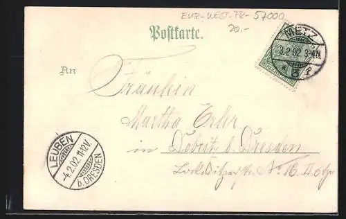 Lithographie Metz, Garnisons-Kirche, Felsenstrasse, Bahnhof