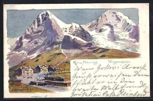 Lithographie Kleine Scheidegg, Ortsansicht mit Wengeralpbahn