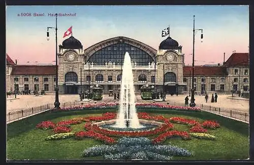 AK Basel, Hauptbahnhof mit Springbrunnen