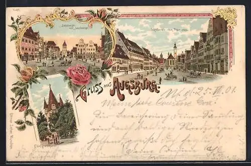 Lithographie Augsburg, Jakoberstrassse mit Jakobertor, Fünfgradturm