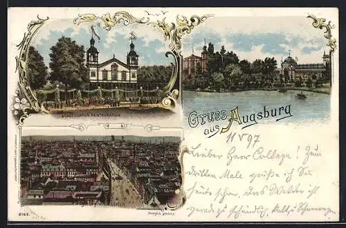 Lithographie Augsburg, Stadtgarten-Restauration, Teilansicht von St. Ulrich aus