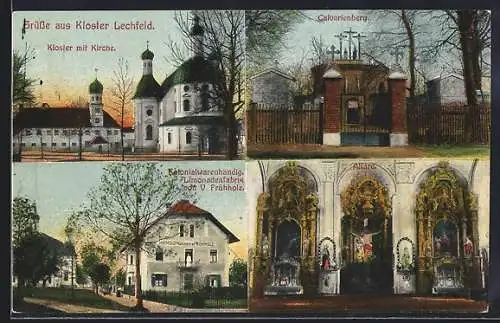 AK Lechfeld, Kloster mit Kirche, Kolonialwarenhandlung & Limonadenfabrik v. V. Frühholz