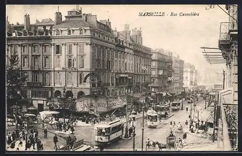AK Marseille, Rue Cannebiere mit Strassenbahnen