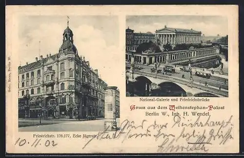 AK Berlin, Nationalgalerie und Friedrichsbrücke mit Strassenbahn, Friedrichsstr. 176 /177 mit Litfasssäule