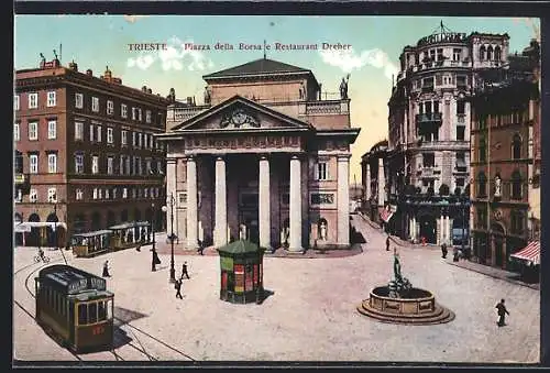 AK Trieste, Piazza della Borsa e Rastaurant Dreher, Strassenbahn