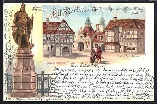 Lithographie Alt-Berlin, Gewerbe-Ausstellung 1896, Denkmal Albrecht d. Bär, kleine Poststrasse