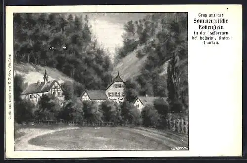 Künstler-AK Rottenstein in den Hassbergen bei Hofheim /Unterfranken, Ortspartie mit Pension