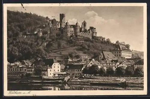 AK Wertheim / Main, Teilansicht aus dem Ort mit Blick zum Schloss und Mainpartie