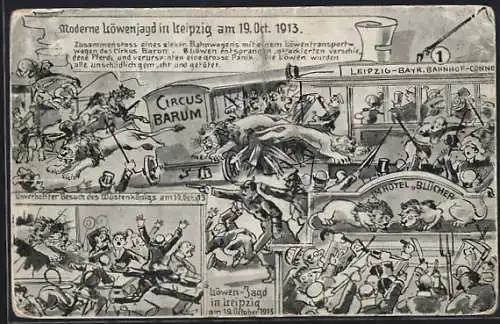 AK Leipzig, Jagd der entflohenen Löwen des Zirkus Barum am 19.10.1913