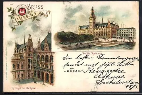 Lithographie Hamburg, Ehrenhof im Rathaus und neues Rathaus