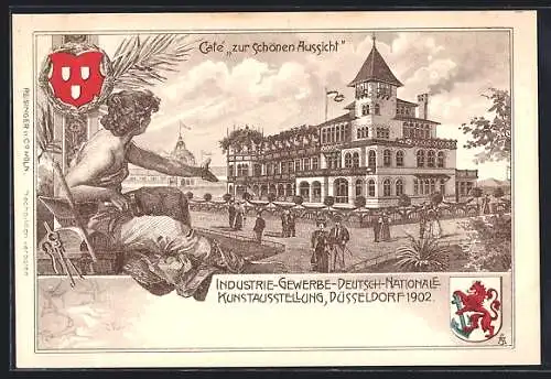 Lithographie Düsseldorf, Industrie-, Gewerbe- und Kunst-Ausstellung 1902, Cafe Zur schönen Aussicht