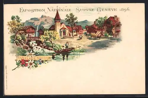 Lithographie Geneve, Exposition Nationale Suisse 1896, Village Suisse