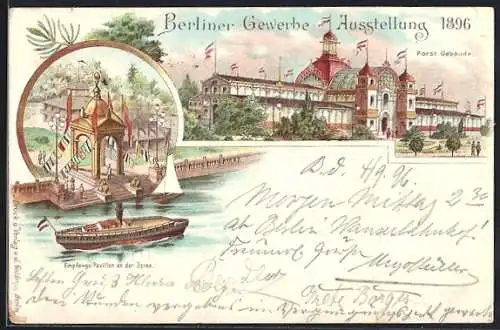 Lithographie Berlin, Gewerbe-Ausstellung, 1896, Forst-Gebäude, Empfangs-Pavillon an der Spree