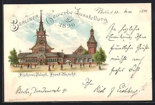 Lithographie Berlin, Gewerbe-Ausstellung 1896, Fischerei-Palast