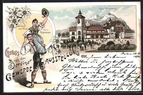 Lithographie Berlin, Gewerbe-Ausstellung, Alpenpanorama, Paar in Tracht