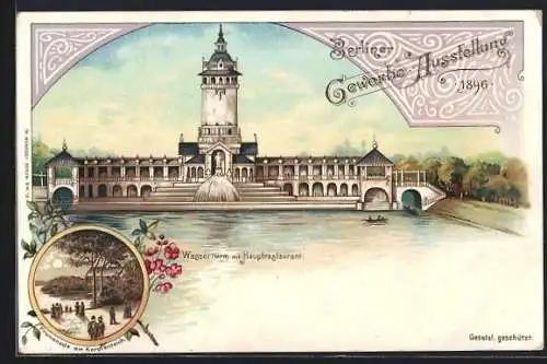 Lithographie Berlin, Berliner Gewerbe-Ausstellung 1896, Wasserturm m. Hauptrestaurant