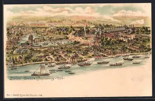 Lithographie Berlin, Berliner Gewerbe-Ausstellung 1896, Totalansicht auf das Gelände