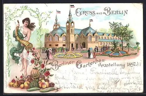 Lithographie Berlin, Gartenbau-Ausstellung 1897, Hauptgebäude