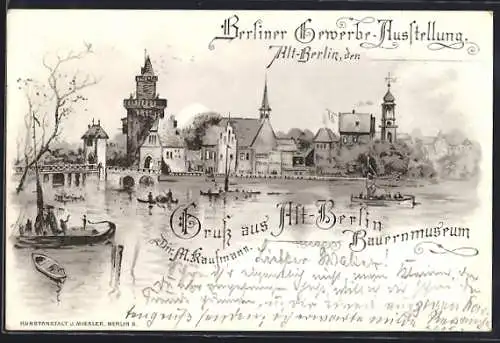 Lithographie Berlin, Berliner Gewerbe-Ausstellung, Flusspartie mit Booten