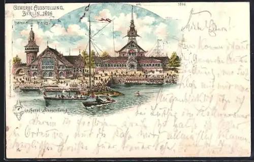 Lithographie Berlin, Gewerbe-Ausstellung 1896, Fischerei-Ausstellung, Hansahaus