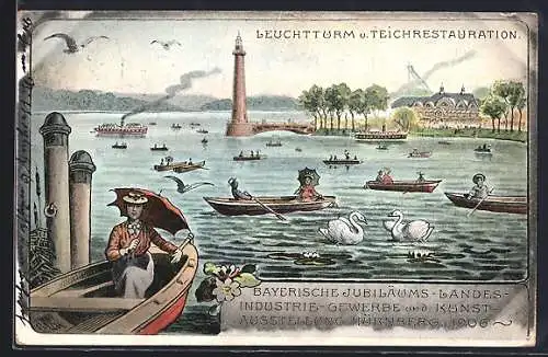 AK Nürnberg, Bayerische Jubiläums-Landes-Industrie-Gewerbe- u. Kunst-Ausstellung 1906, Leuchtturm u. Teichrestauration