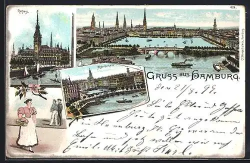 Lithographie Hamburg-Neustadt, Teilansichten Rathaus, Alsterbassin und Alsterarkaden