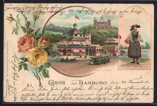 Lithographie Hamburg-St. Pauli, Fährhaus und Strassenbahn, junge Frau in Tracht