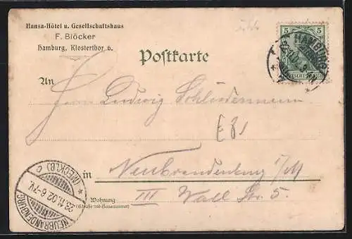 Lithographie Hamburg-St. Pauli, Fährhaus und Strassenbahn, junge Frau in Tracht